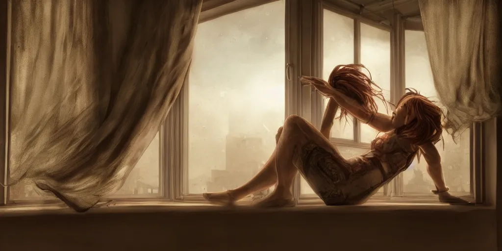 Prompt: the girl on a windowsill, hyper realistic, hyper detailed, epic lighting, cinematic