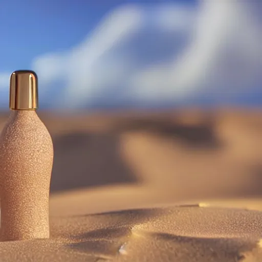 Image similar to bright perfume bottle sitting on a small mountain of clean desert sand, close up shot, upfront, with sunny bright blue sky and clouds in the background, softly - lit, soft - warm, zen, light, modern minimalist f 2 0 clean