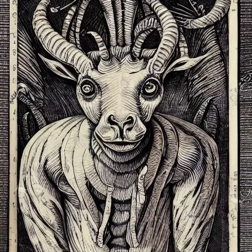 Image similar to a demon with a goat's head, is looking at the camera, while carrying a human head, whose eyes are still wide. symmetrical anatomy, very detailed design, complexity of the image, with pop punk style, colorful, accompanied by full body images., without duplication, arstation