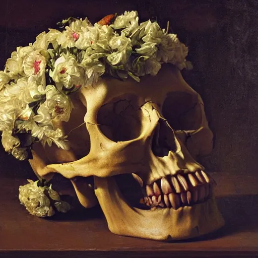 Prompt: a skull covered in flowers and tied by thick ropes by Roberto ferri, still life, oil painting