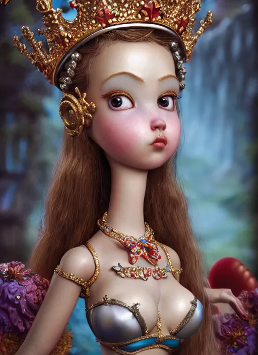 Image similar to highly detailed closeup, profile portrait of a tin toy fairytale princess wearing a crown, bikini, unreal engine, nicoletta ceccoli, mark ryden, earl norem, lostfish, global illumination, detailed and intricate environment