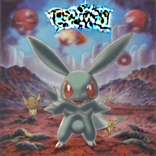 Image similar to of pokemon on iron maiden album cover, scary dystopian surrealism style, 8 k resolution hyperdetailed