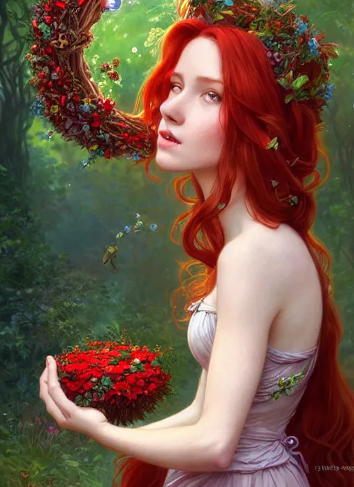 Prompt: a beautiful red haired woman as a fairy princess in a garden holding a wreath, deep focus, d & d, fantasy, intricate, elegant, highly detailed, digital painting, artstation, concept art, matte, sharp focus, illustration, hearthstone, art by artgerm and greg rutkowski and alphonse mucha