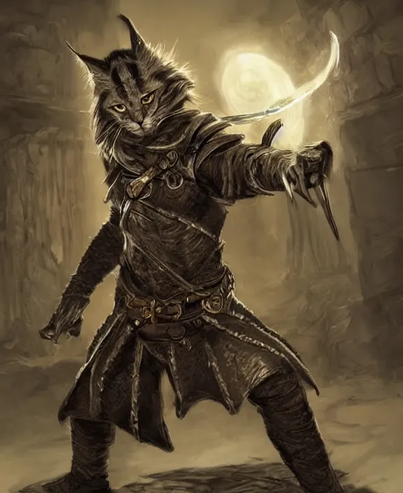 Image similar to humanoid male khajiit rogue with a scar on left eye, wearing leather armor with a hood, mainecoon cat features with black fur, far - mid shot, magic the gathering, fantasy