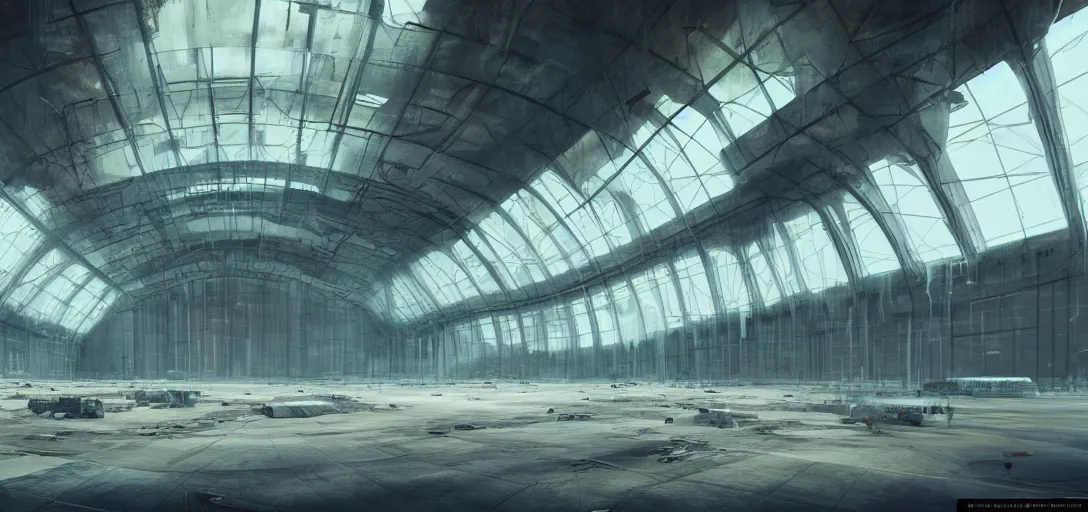 Prompt: interior of a futuristic abandoned hangar, sci - fi, digital art by beeple, simon stalenhag and paul chadeisson