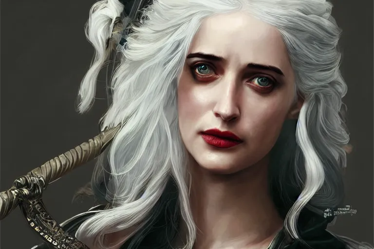 Image similar to A portrait of Eva Green as Ciri from the Witcher Game by Ruan Jia and Mandy Jurgens and Artgerm and william-adolphe bouguerea, highly detailed, trending on artstation, award winning, H 768