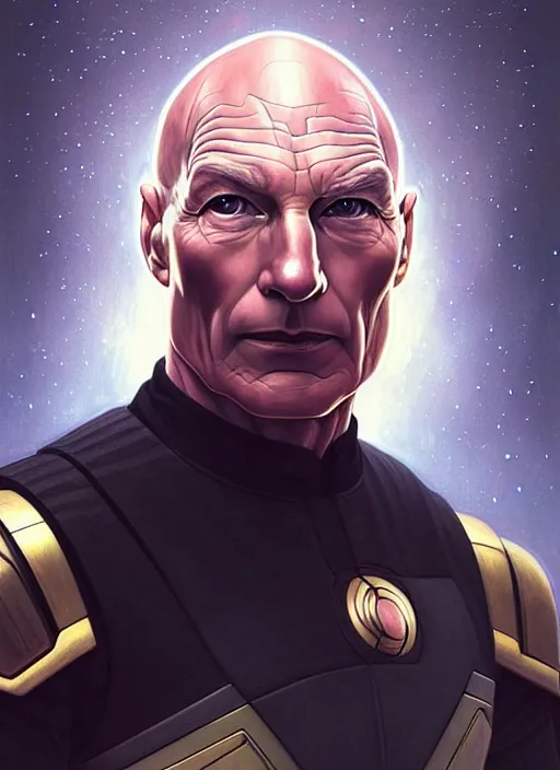 Image similar to Symmetry!! portrait of Captain Picard, warrior in sci-fi armour, tech wear, muscular!! Glowing lights!! sci-fi, intricate, elegant, highly detailed, digital painting, artstation, concept art, smooth, sharp focus, illustration, art by artgerm and greg rutkowski and alphonse mucha