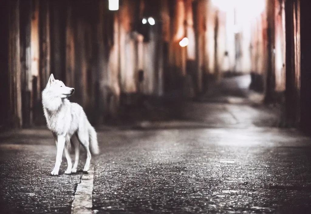 Prompt: lomo photo of a white wolf in empty dark street, cinestill, bokeh, out of focus, night, dramatic lighting, streetlight