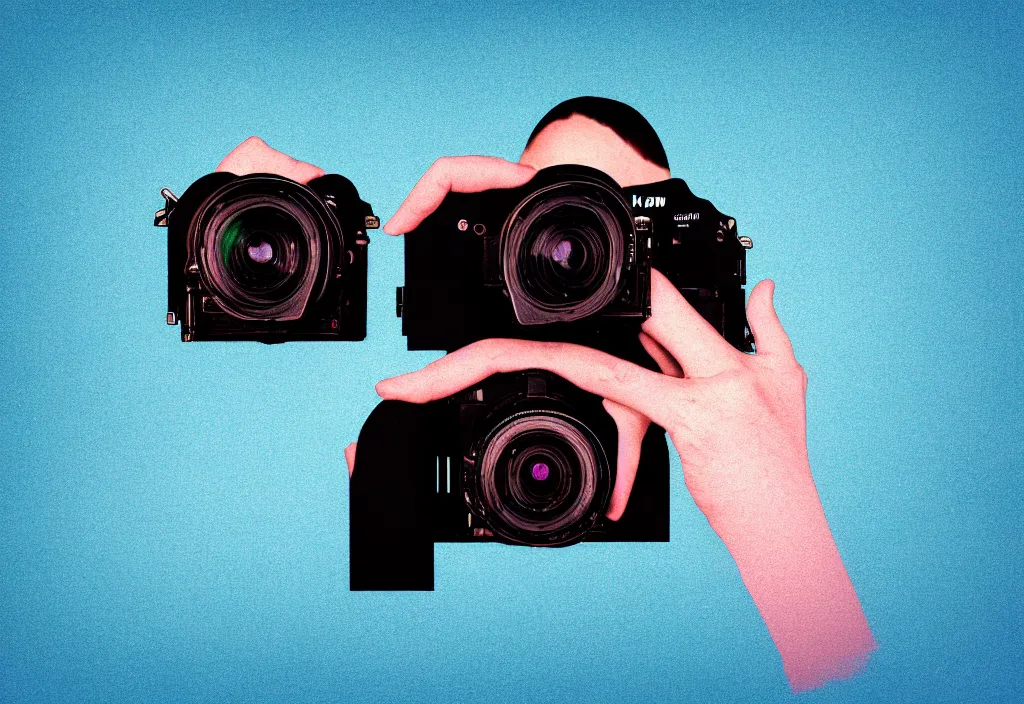 Image similar to first person view of a road coat sleeve arm hand grasping the back side rear angle viewfinder of a nikon dslr camera with mount fuji image in viewfinder, in the style of wes anderson, rene magritte, lola dupre, david hockney, isolated on white background, dark monochrome neon spraypaint accents octane render