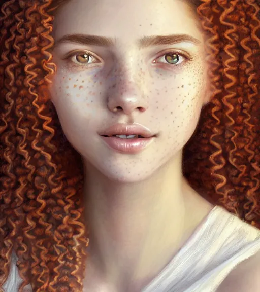 Image similar to portrait of teenage aphrodite, light freckles, curly copper colored hair, smiling kindly, wearing an embroidered white linen dress, intricate, elegant, mother of pearl jewelry, glowing lights, highly detailed, digital painting, artstation, concept art, smooth, sharp focus, illustration, art by wlop, artgerm, and greg rutkowski