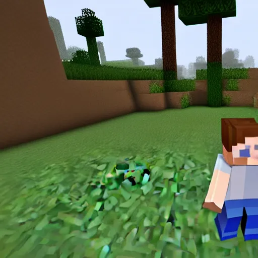 Image similar to minecraft steve running away from a creeper screaming