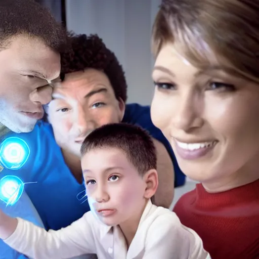 Image similar to a handsome young cyborg family with a young boy, scene from a future world where nanotechnology is ubiquitous