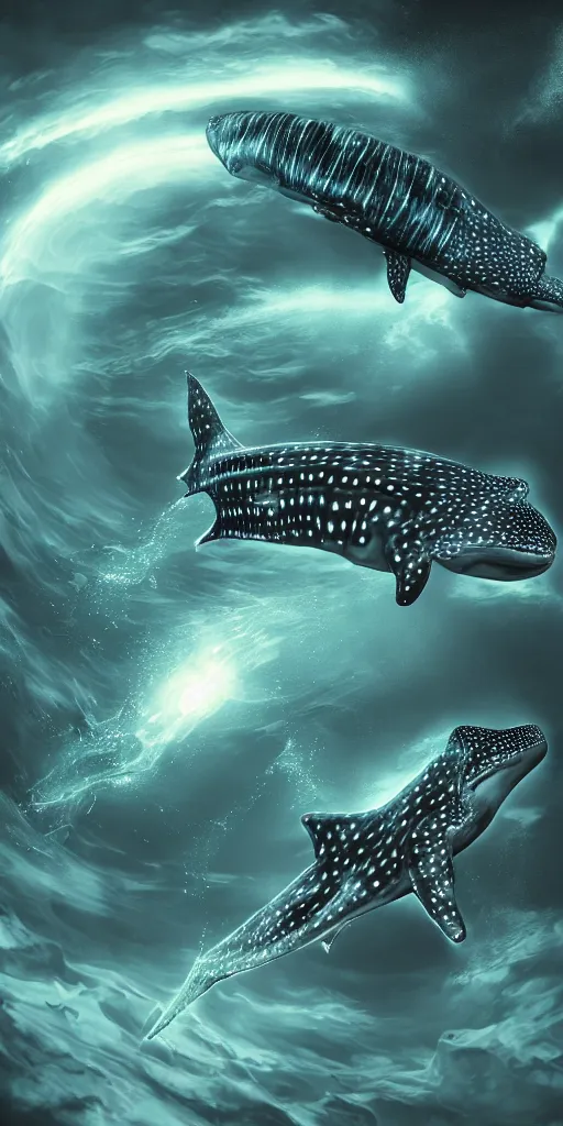 Image similar to A bioluminescent whale shark jumping out of a glowing tornado, lovecraft, coherent, symmetrical, intricate, high detail, digital painting, fantasy painting, visionary art, octane render, 4k, trending on artstation