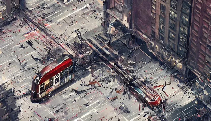 Prompt: Spectacular scene of an aerial streetcar crashing in New York, hyperdetailed, artstation, cgsociety, 8k