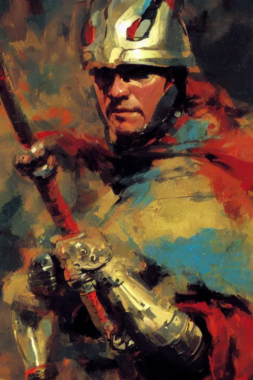 Image similar to close - up portrait of colorful rider holding jousting lance, caparisons, chainmail, by greg manchess, bernie fuchs, ruan jia, walter everett