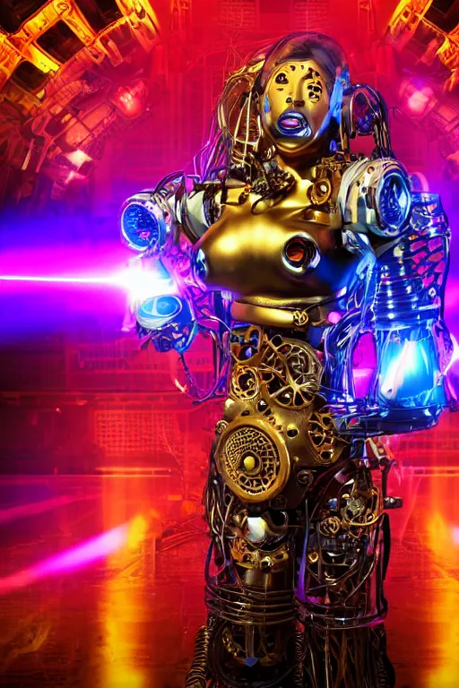 Image similar to portrait photo of a giant huge golden and blue metal humanoid steampunk cyborg female singer with a human face and gears and tubes, in the foreground is a big red glowing microphone, eyes are glowing red lightbulbs, shiny crisp finish, 3 d render, 8 k, insaneley detailed, fluorescent colors, background is multicolored lasershow