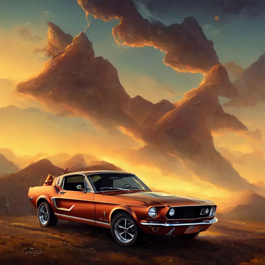 Image similar to a 1 9 6 8 mustang driving down a country road, coriolios rpg art style, full of details, warm sunset colors, matte painting, artstation, 8 k, hyperrealistic, style of peter mohrbacher, album cover, extreme long shot