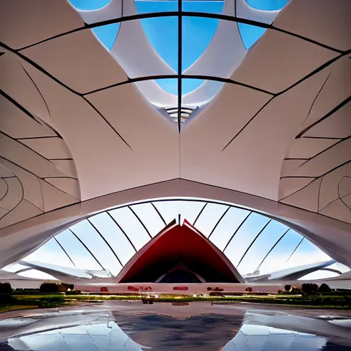 Image similar to futuristic lotus temple space station with gold, red and white marble panels, by santiago calatrava, intricate contemporary architecture, photo journalism, photography, cinematic, national geographic photoshoot