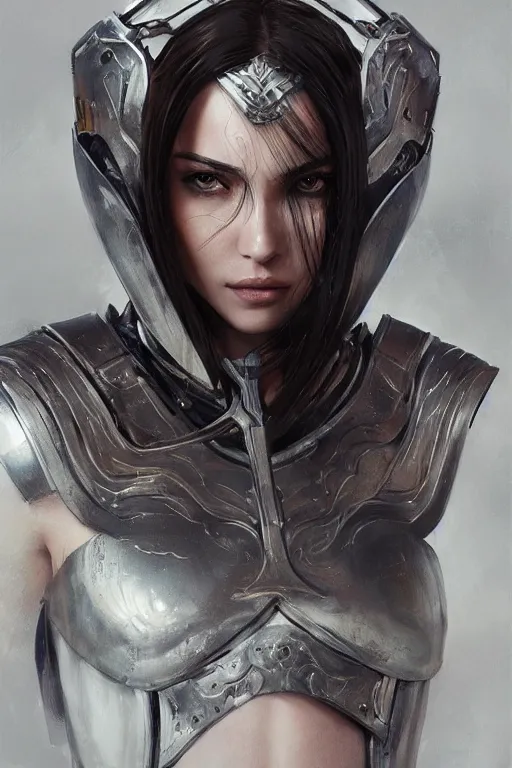 Image similar to a portrait of an attractive young woman, clothed in battle armor, olive skin, long dark hair, beautiful bone structure, symmetrical facial features, intricate, elegant, highly detailed, digital painting, trending on Artstation, concept art, smooth, sharp focus, illustration, from Metal Gear by Ruan Jia and Mandy Jurgens and Artgerm and greg rutkowski and william-adolphe bouguerea, award winning