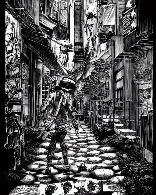 Image similar to highly detailed ink illustration of a dark alley of taipei, b & w clean shaped illustration by kim jung gi, ric estrada, ron english and eiichiro oda