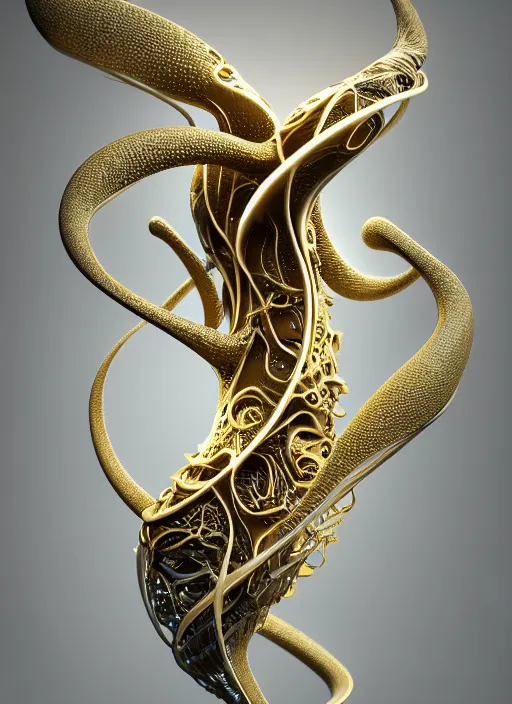 Image similar to abstract organic ornament in fluid creature, white and gold biomechanic plastic, glow lighting, fantasy, intricate, elegant, highly detailed, lifelike, photorealistic, octane render, 3d, concept art, smooth, sharp focus,