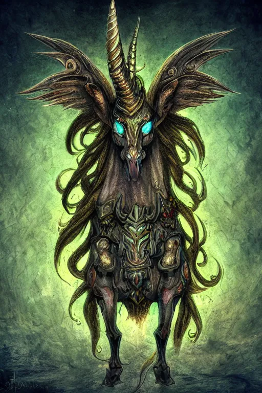 Prompt: nurgle unicorn, symmetrical, highly detailed, digital art, sharp focus, trending on art station, fungus background