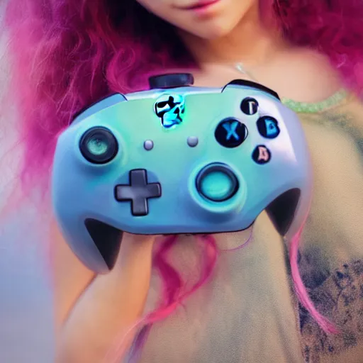 Image similar to Render of a beautiful 3d anime Xbox controller, long pink hair, hazel eyes, cute freckles, full round face, soft smile, cute sundress, golden hour, serene beach setting, medium shot, mid-shot, hyperdetailed, trending on Artstation, Unreal Engine 4k