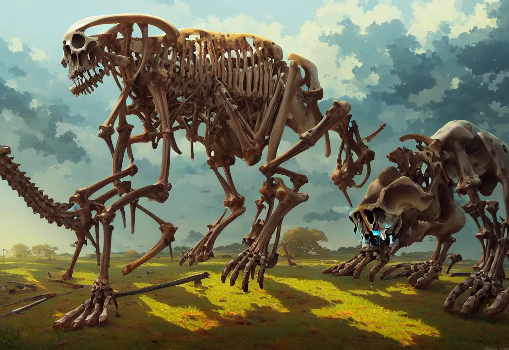 Prompt: giant animal bones in the countryside, intricate oil painting, high detail illustration, sharp high detail, manga and anime 1 9 9 9, official fanart behance hd artstation by jesper ejsing and makoto shinkai, 4 k,