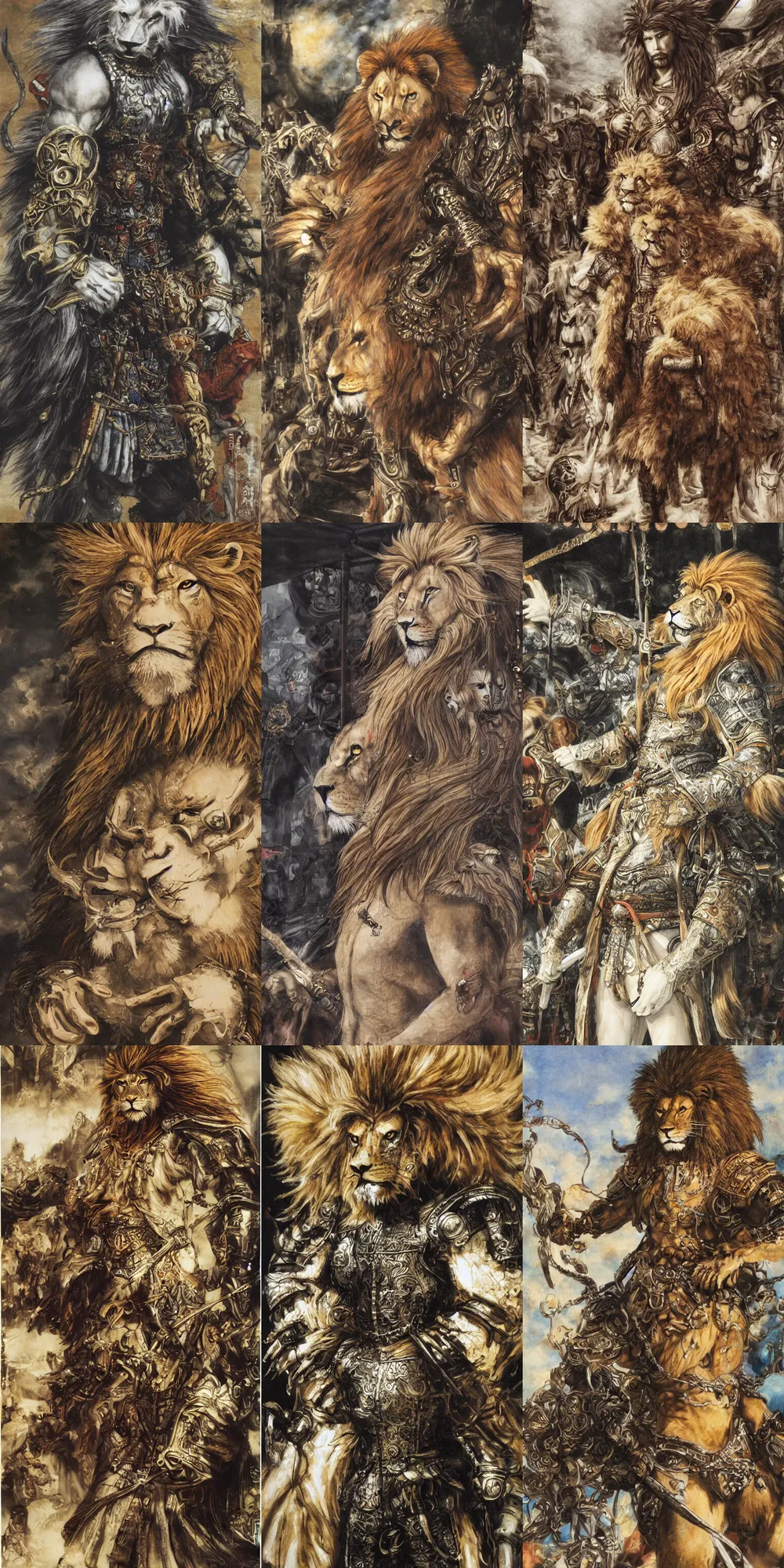 Image similar to 8 k yoshitaka amano painting of upper body of a young cool looking lion beastman with white mane at a medieval market at windy day. depth of field. he is wearing complex fantasy clothing. he has huge paws. renaissance style lighting.