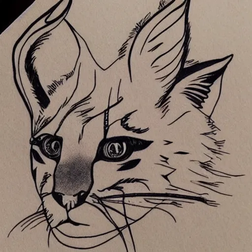 Image similar to cute caracal outline tattoo design, black ink on white paper