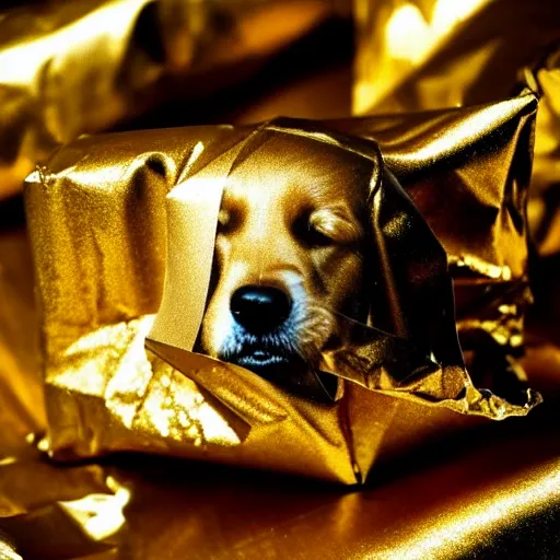 Prompt: A realistic photo of a chocolate sweet shaped like a golden retriever, wrapped in gold aluminum foil, foil is partially unwrapped and torn exposing the chocolate