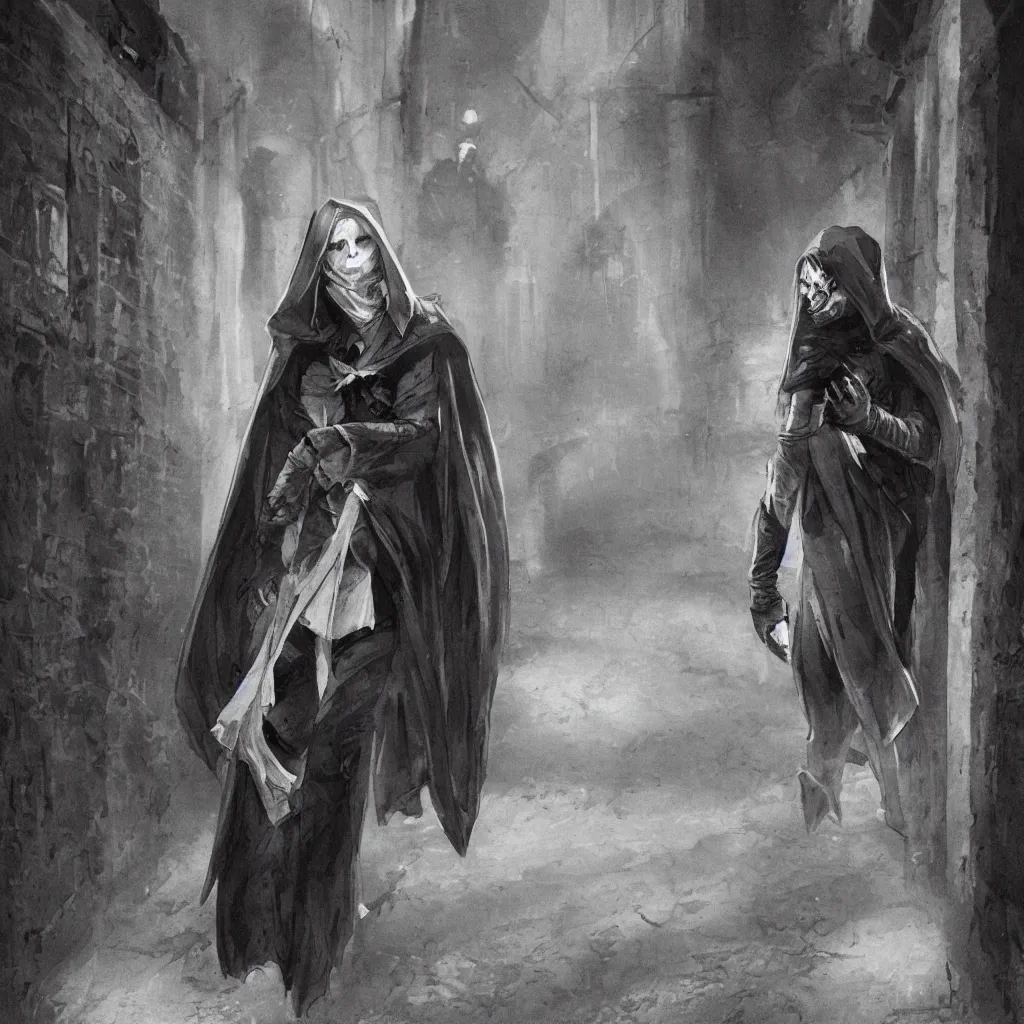 Prompt: a vampire thief wearing a cloak and covered in bandages walking through an alley.