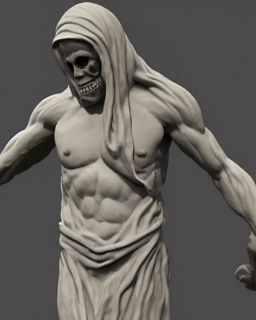 Image similar to a hyper realistic marble statue of the grim reaper, 4 k, cinematic lighting
