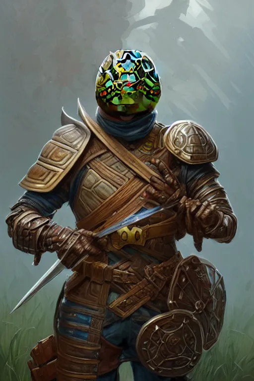 Image similar to portrait of a Turtle fighter looking at camera, D&D, shield and iron war hammer, stylish armor, fantasy, extremely detailed, digital painting, artstation, concept art, smooth, sharp focus, illustration, stunning lighting, art by artgerm and greg rutkowski and alphonse mucha and simon stalenhag