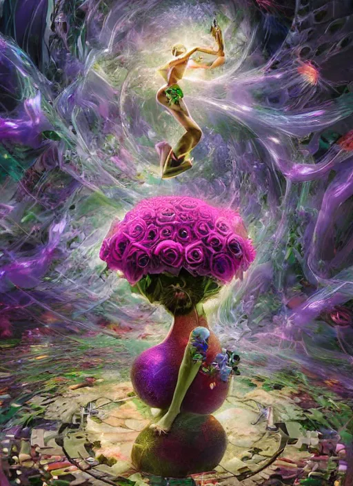 Image similar to An epic fantastic realism comic book style painting of the most beautiful spiraling entwined flowers launched exquisitely across the dark spinning universe, floating bouquets, fisheye, perfect shiny iridescent silver spheres, unreal 5, DAZ, hyperrealistic, octane render, dynamic lighting