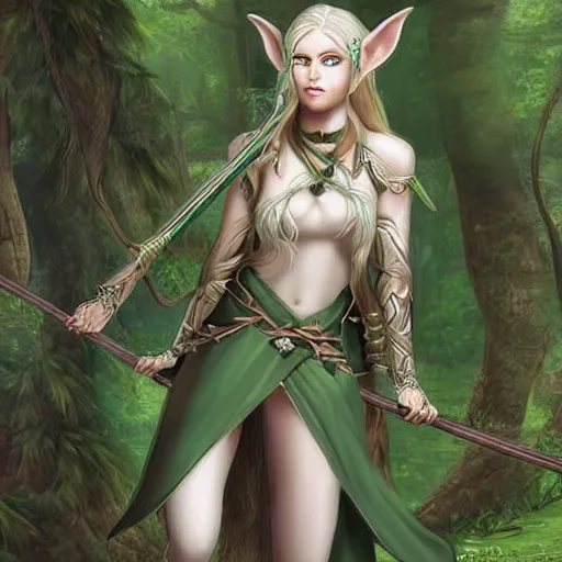 Prompt: a young elven female archer. long silver hair, fair skin like porcelain, beautiful greens eyes. fantasy. digital art. very detailed. anatomically precise. forest background.