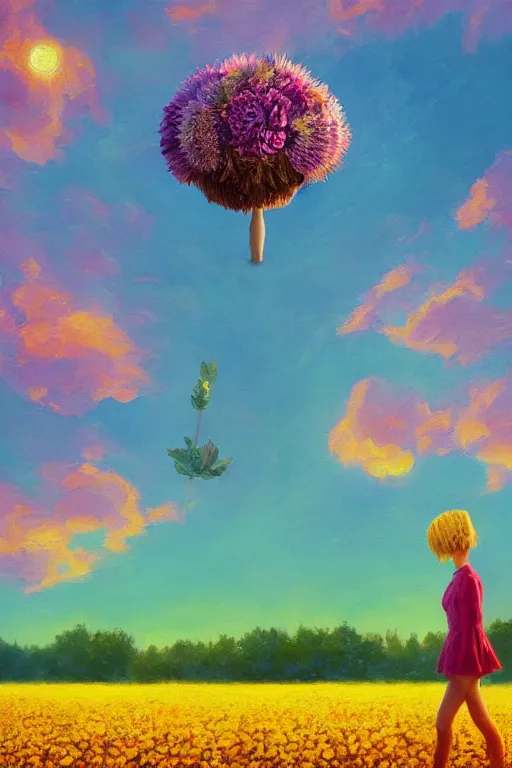 Image similar to giant corn flower head, girl walking in a flower field, surreal photography, sunrise, dramatic light, impressionist painting, colorful clouds, digital painting, artstation, simon stalenhag