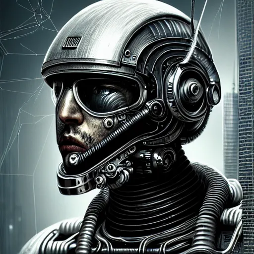 Prompt: ultra realistic, intricate detailed, painting of a single rugged cyborg male in helmet, helmet in form of star, bearded face, cyborg tech on body, symmetry accurate features, cyberpunk, industrial, very intricate details, focus, high resolution, 4 k, artstyle h. r. giger and hiraku tanaka