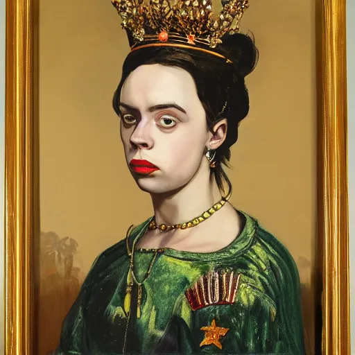 Image similar to painting of queen billie eilish, with crown, portrait, museum