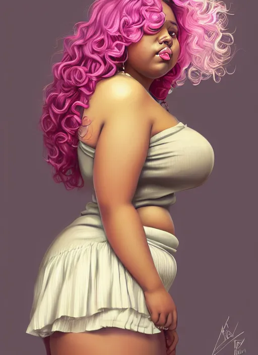 Image similar to full body portrait, teenage vanessa morgan, pink hair, brown skin, obese, curly pixie hair, sultry, realistic, short hair, hoop earrings, skirt, shirt, fat, belly, intricate, elegant, highly detailed, digital painting, artstation, concept art, smooth, sharp focus, illustration, art by wlop, mars ravelo and greg rutkowski