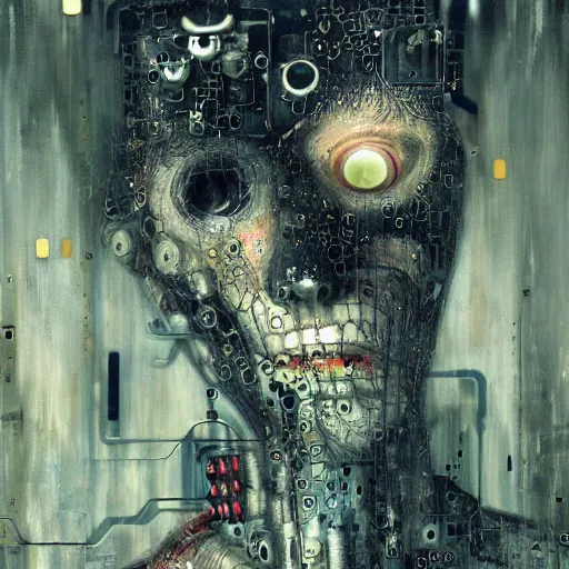 Image similar to depraved cybernetic vampire trapped in circuitry, intricate detail, miro, royo, whealan, klimt,