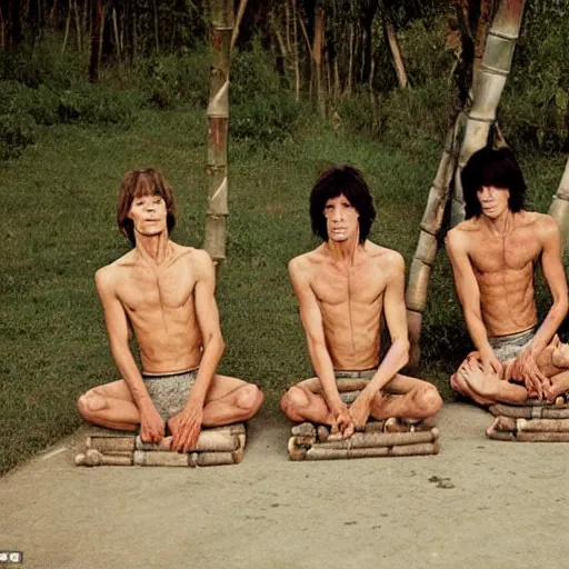 Image similar to the rolling stones band with their bodies made of bamboo in a deep meditation in normandie in france posing for vogue photoshoot photography