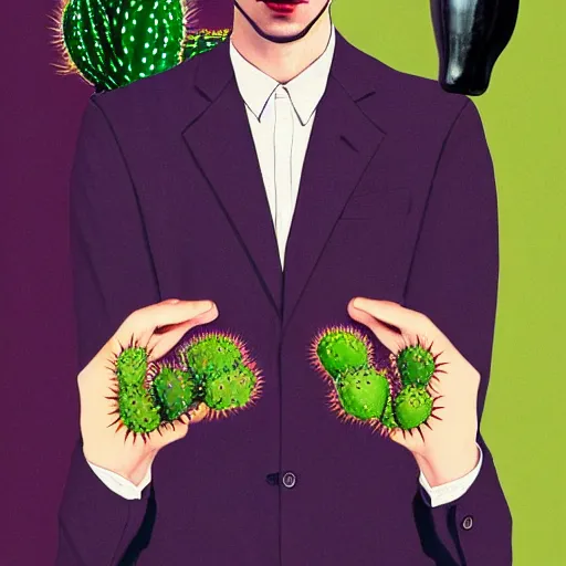 Image similar to Collage art, Young Spanish man, Art by Joshua Middleton, socks, Rene Magritte, underpants, Morrocan tiles, half a lime, cactus, succulent plants Chalk white skin, deep purple hair, Green eyes, Orange background, Mucha, Portrait of the man, surreal, ,carbon black and antique gold