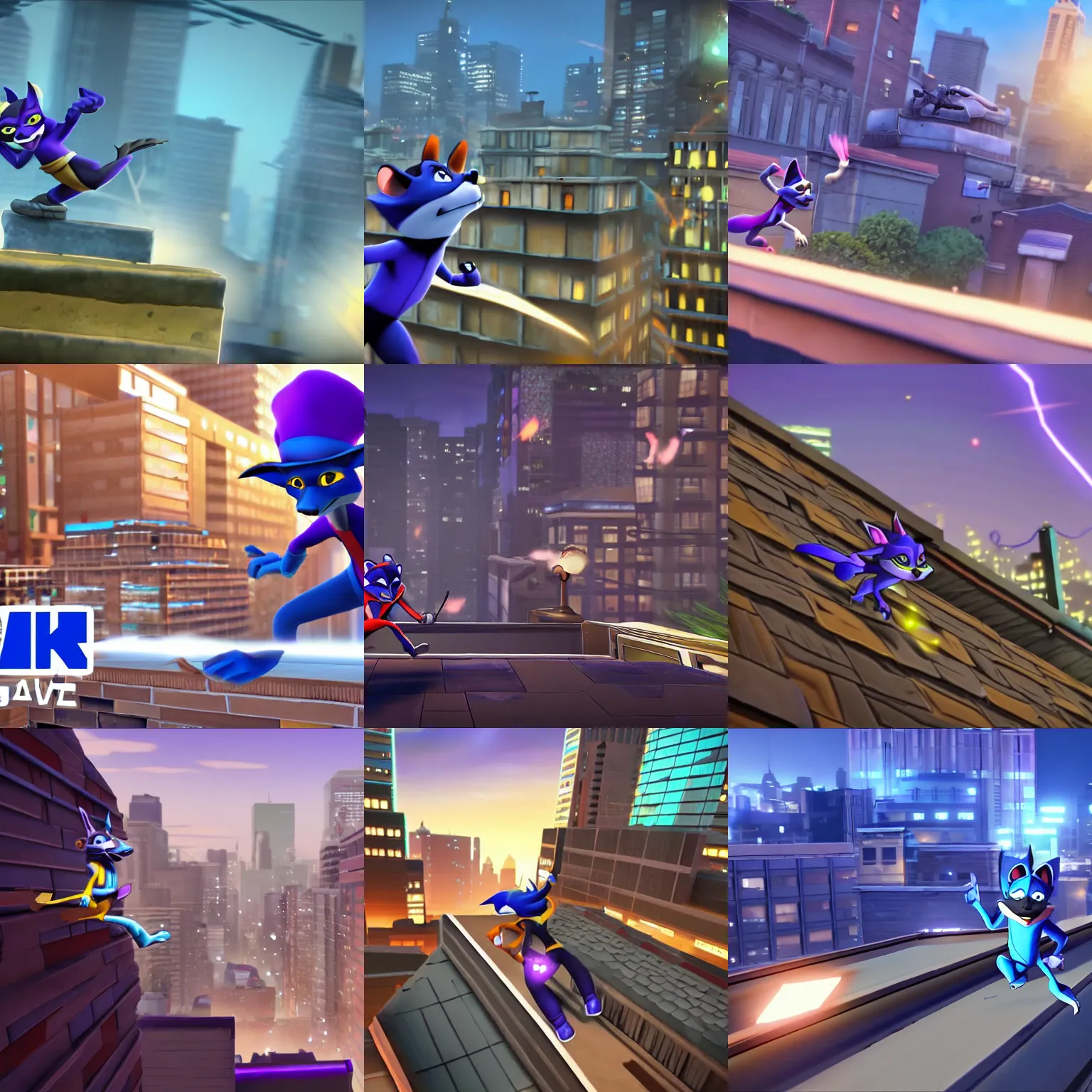 Prompt: Sly Cooper running across rooftop, animated cgi cinematic, 4k