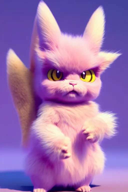 Prompt: high quality 3 d render hyperrealist very cute pastel fluffy! grumpy gargoyle cat hybrid, vray smooth, in the style of detective pikachu, hannah yata charlie immer, dramatic pink light, low angle, uhd 8 k, sharp focus