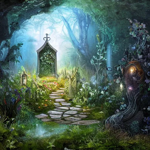 Prompt: the fairytale garden with a fantasy grave ; to dig my flowers garden ; after i die ; after you die ; to dig yours ; to beg them ; to be wet from dawn to dawn ; tree growing from the grave, concept art, mystic garden, ultrarealistic, fantasy by adrian ghenie brushes, vivid colours