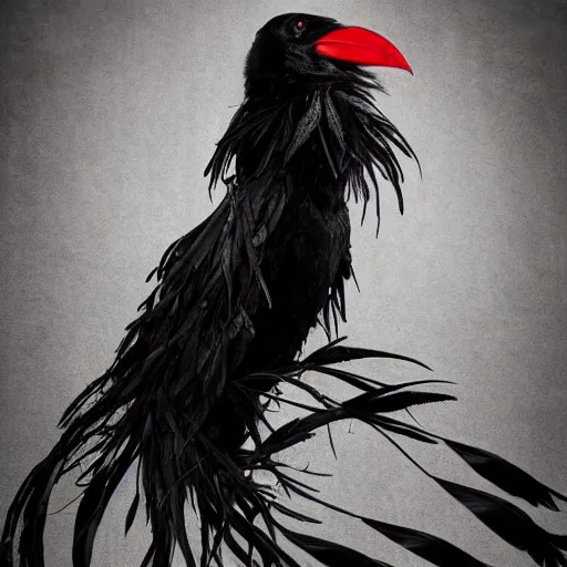 Image similar to Raven queen in a large raven-themed dress with feathers, high quality, portrait