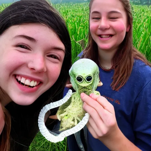 Prompt: a photograph of students smiling while holding an alien they found in a field