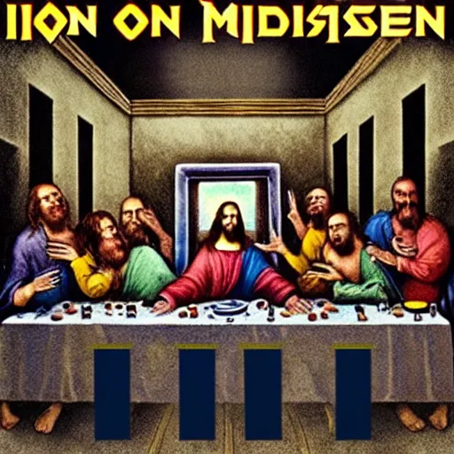 Image similar to the last supper, iron maiden cover album, with undeads