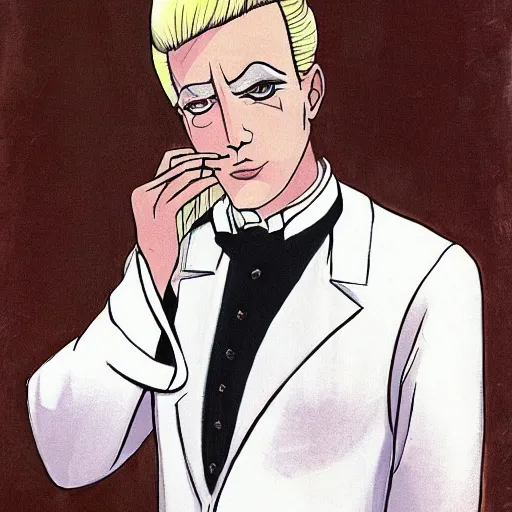 Prompt: cel shaded, square - jawed emotionless serious blonde woman starship engineer, tribal tattoos, handsome, short slicked - back hair, sweating, uncomfortable and anxious, wearing white and gold satin victorian gown with white feathers at opulent formal dinner, looking distracted, awkward, highly detailed, mike mignogna, david mack